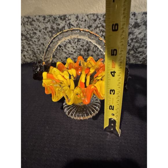 Vintage Bright Glass Mini Basket 6” height with Dark Brown Flowers on Handle - Picture 5 of 11